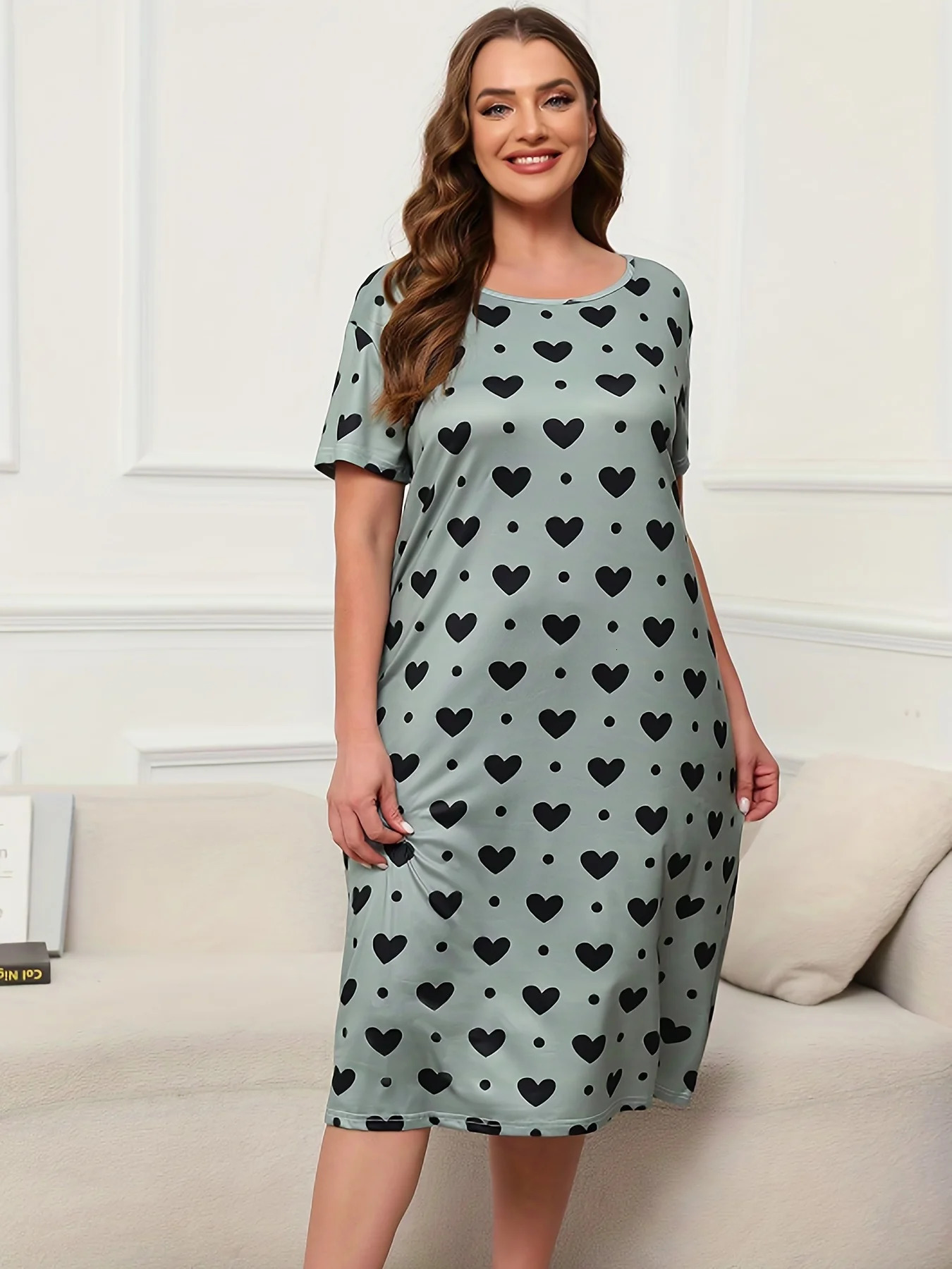Plus size mini stretch evening gown short sleeved floral round neck dress oversized womens home wear 250206