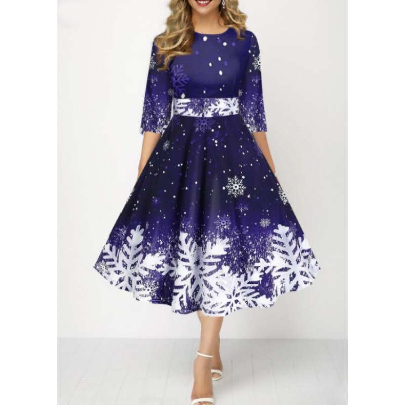 Christmas style European and American women's fashion personality snowflake digital printing mid sleeve waist cinched dress 2024 temperament vers