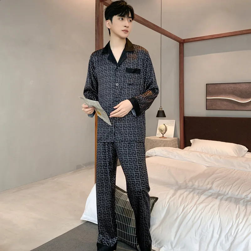 Pajamas Men Spring Summer Thin Ice Silk ious Loose Fitting Home Wear Suit Male Satin Pyjamas Set Night Sleep-Suit Gentlemen 250206