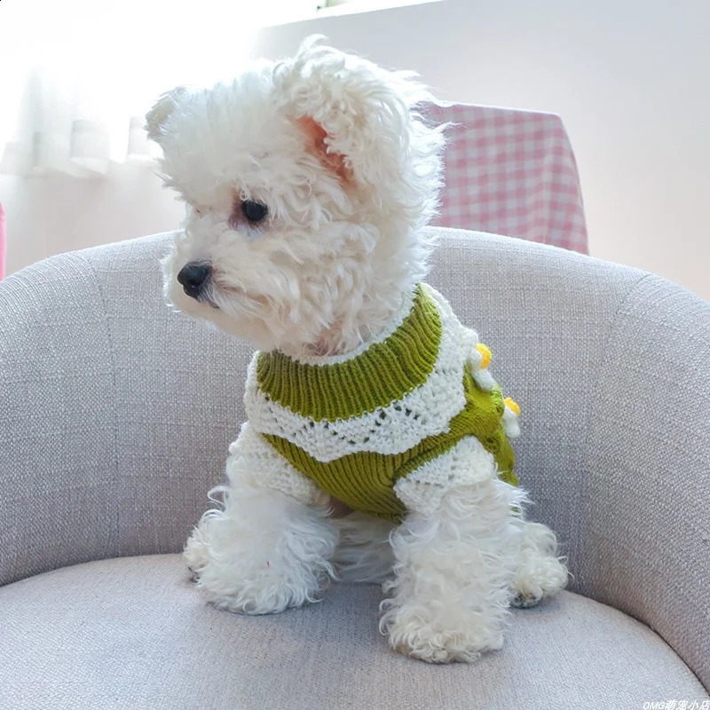 1PC Pet Apparel Dog Autumn and Winter Thickened Warm Green Pink 3D Flower Knitwear Pullover Sweater For Small Medium Dogs 250206