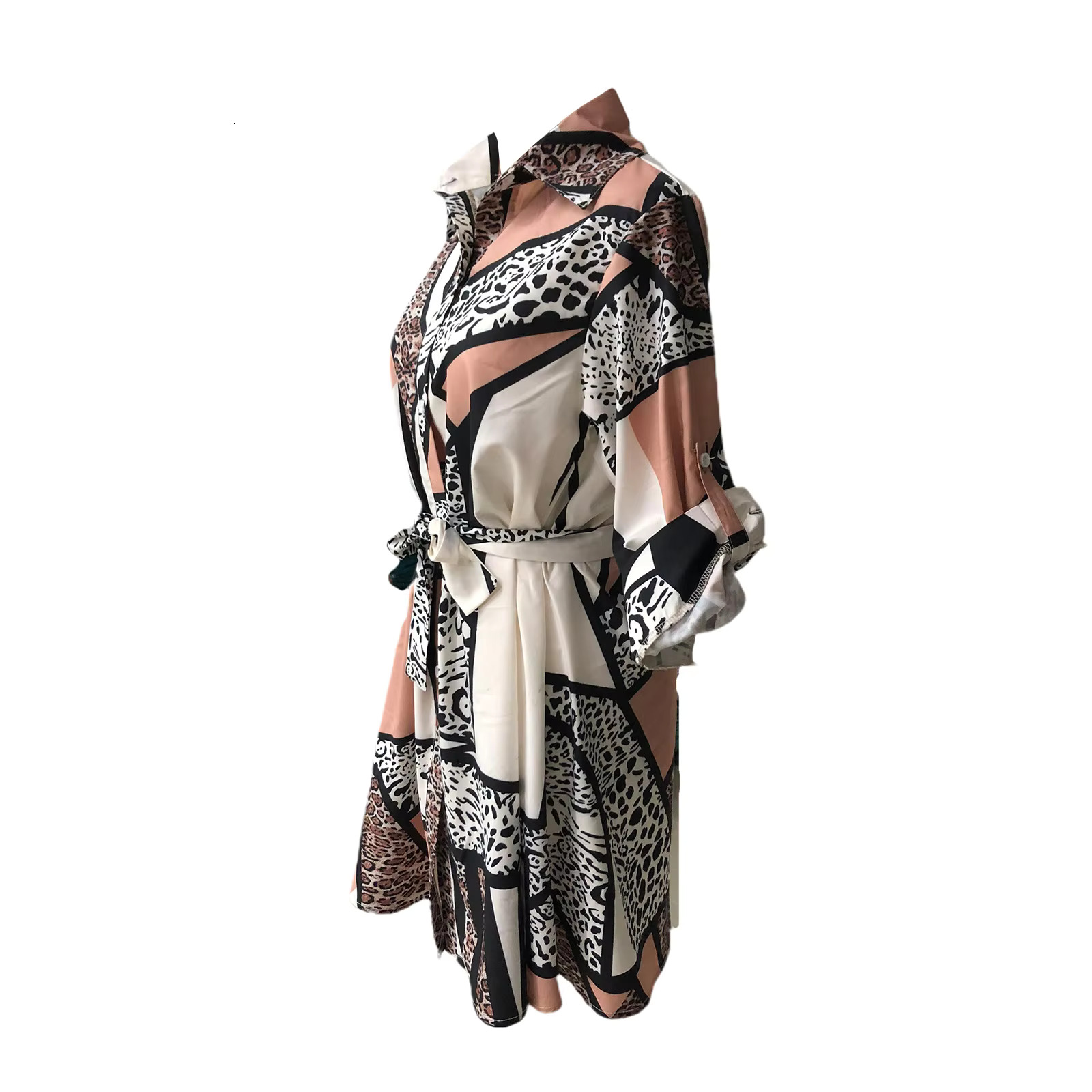 Women's Vintage Aesthetic Mini Short Sleeve Leopard Printed Elegant Shirt Button With Belt Office Casual Party Dress