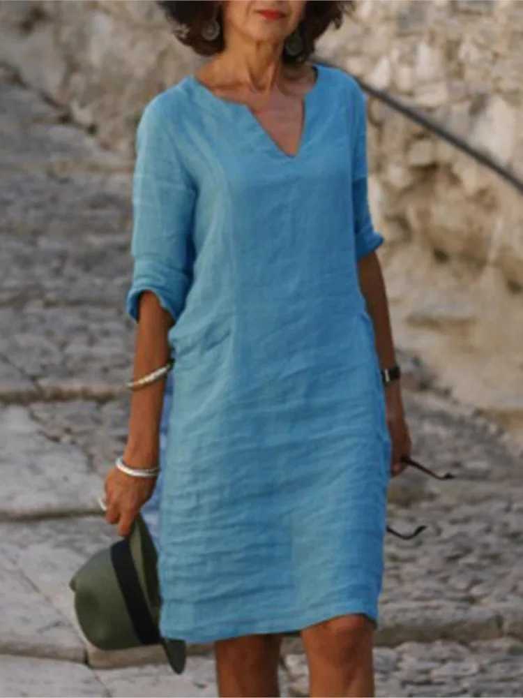 2024 Cotton Dress Womens V-Neck Half Sve Solid Loose Dresses Fe Summer Fashion Office Casual Ladies Clothes WholesaleXJ2500207