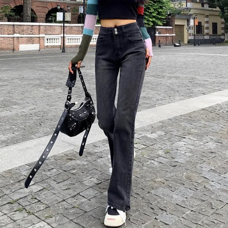 Woman High Waist American Vintage Bell Bottom Jeans Female Elastic Flare Pants Girls Fashion Streetwear Gray Denim Trousers 250206