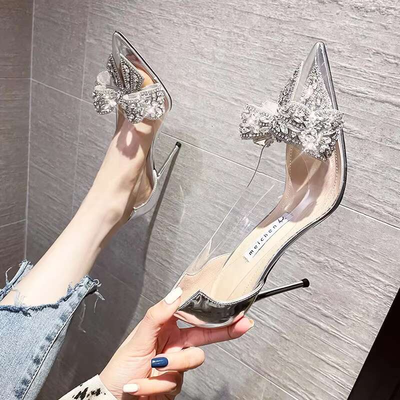2022 Fashion Sliver Rhie Bow PVC Transparent Women Pumps Autumn Stiletto High Heels Sexy Bride Party Wedding Dress Shoes