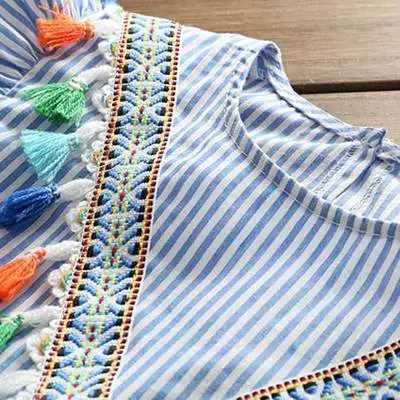 Tassel Flying Sleeve Girl Family Matching Clothes Mom And Daughter Dress Stripe Cute Mini Mother And Daughter Outfit Top Clothes W250207