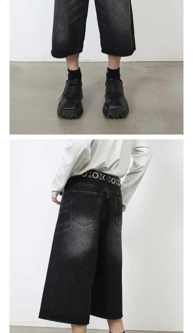 Retro Y2k Baggy Women Men Black Jeans Low Waist Casual Wide Pants Frayed Denim Shorts Big Size Clothes 250206