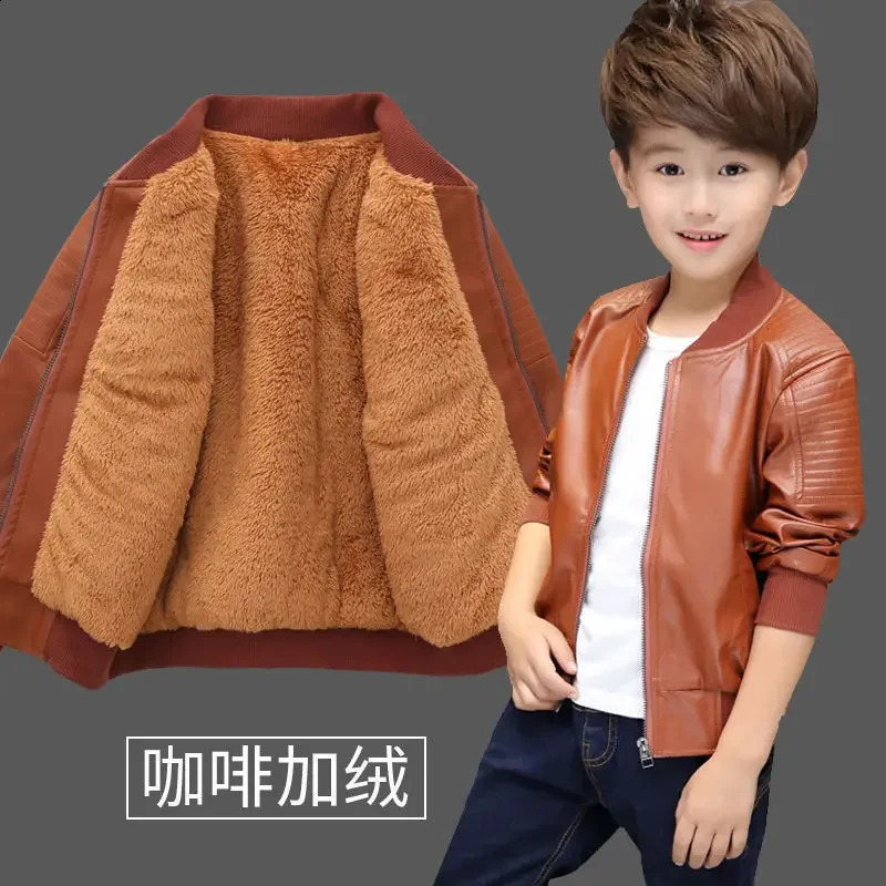 Kids Jacket Boys Coats Autumn Spring PU Leather Jacket Childrens Plus Velvet Warming Cotton Outerwear Baby Boy Thin Clothing 250206
