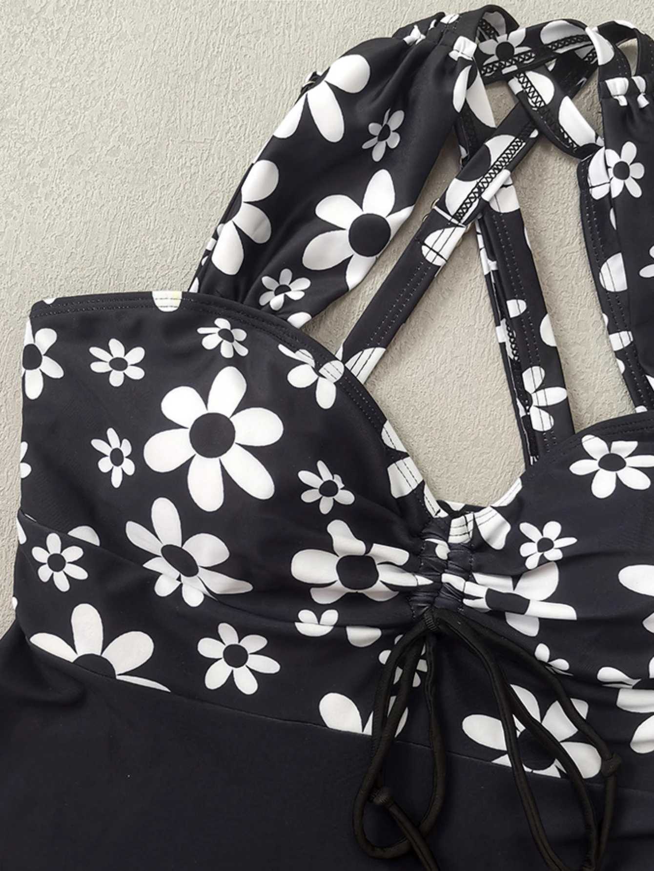 Flower Print Beach Skirt Bikini Set High Waist V-neck Suspender Backless Bathing Suit Womens Slimming Bikini Set 2025 NewXJ2500207