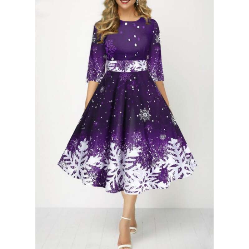 Christmas style European and American women's fashion personality snowflake digital printing mid sleeve waist cinched dress 2024 temperament vers