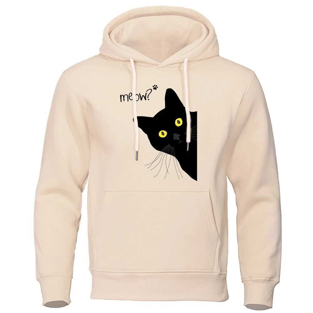 Meow Black Cat Hoodies Men Classic Oversized Round Neck Hoodie All-Match Creativity Tracksuit Quality Hip Hop Clothes For Men W250207