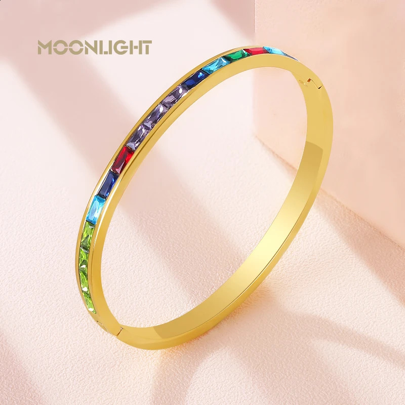 MOONLIGHT Fashion Colored Square Rhinestones Bangles Steel Bracelet for Woman Female Jewelry Gift Women Accessories 250207