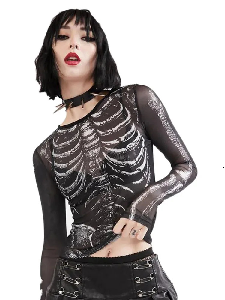 Gothic Punk Shirt 2000s Women Skeleton Pattern Round Neck Long Sleeve Crop Top Black Dark Academia Clothes y2k Tees Streetwear 250206