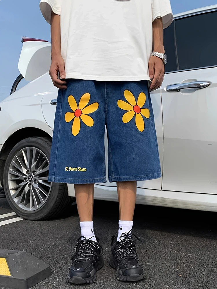 REDDACHIC Men Daisy Print Blue Baggy Jeans Jorts Vintage Wash Low Waist Casual Loose Wide Leg Denim Shorts Y2k Summer Clothes 250120