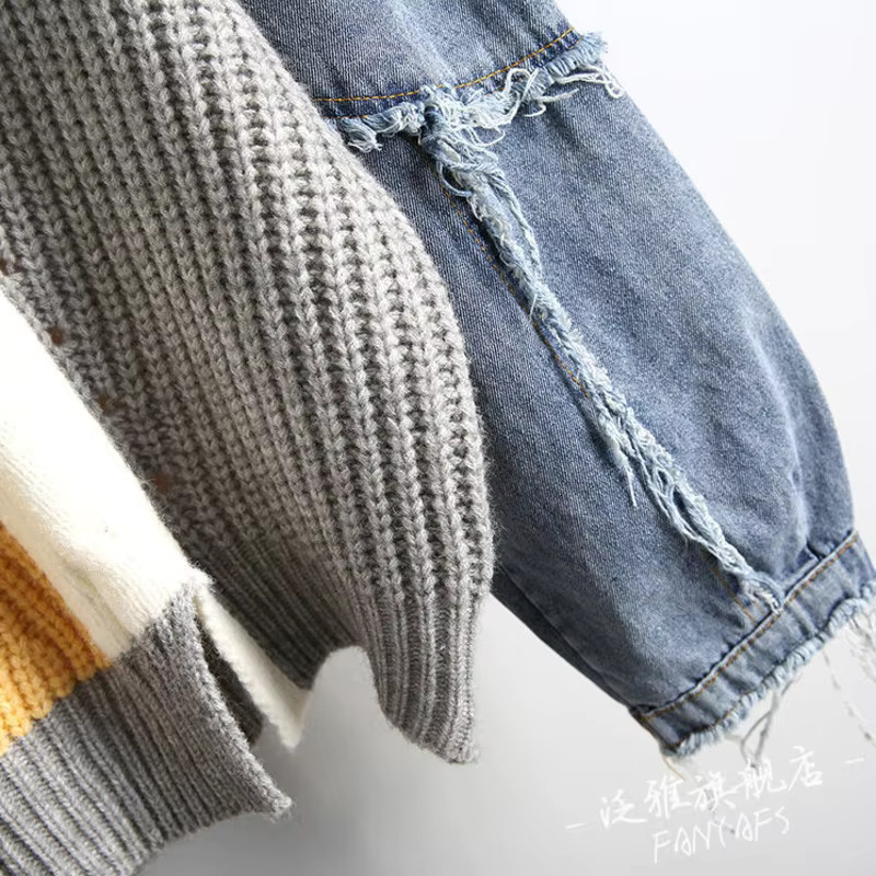 Denim Ed Long Sleeve Sweater Women Pullover Autumn Spring 2025 Wear Korean Loose Thicken Knitting Top Gray Clothing