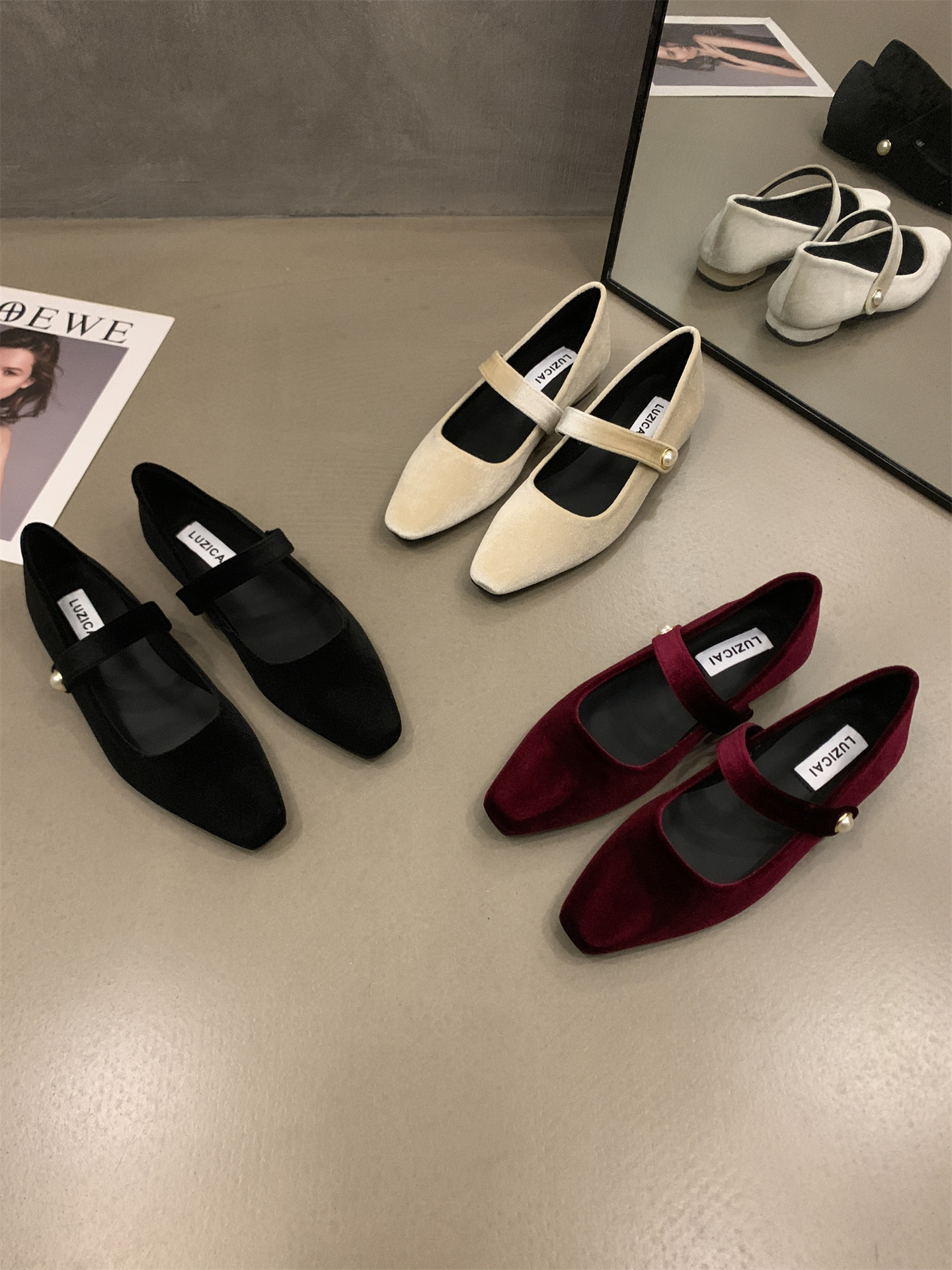 Elegant pearl buckle velvet ballet flats for women Simple Haute Couture Women's Evening low Heels Wine red