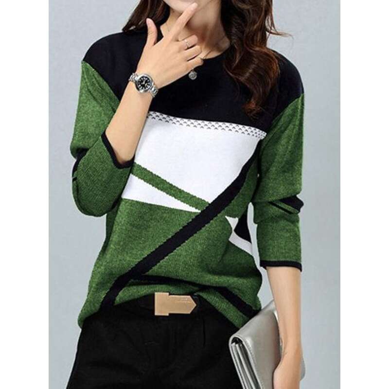 2021 women's supports sales of color blocking positioning printed round neck long sleeved T-shirts on various platforms. 2024 new casual fashion 