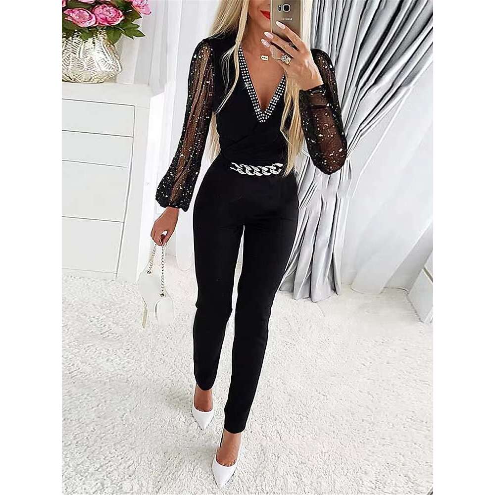 Jumpsuits Women One Piece V Neck Full Sleeve Tight High Waist Overalls Casual Sheath Long Pencil Pants Rompers Slim Fit