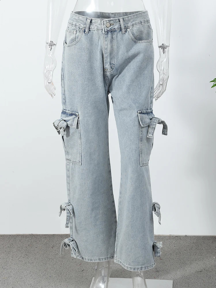Chic Bow Light Blue Wide Leg Long Jean Pants Women Casual Versatile Jeans With Side Pockets Sweet Lady Denim Trousers 250206