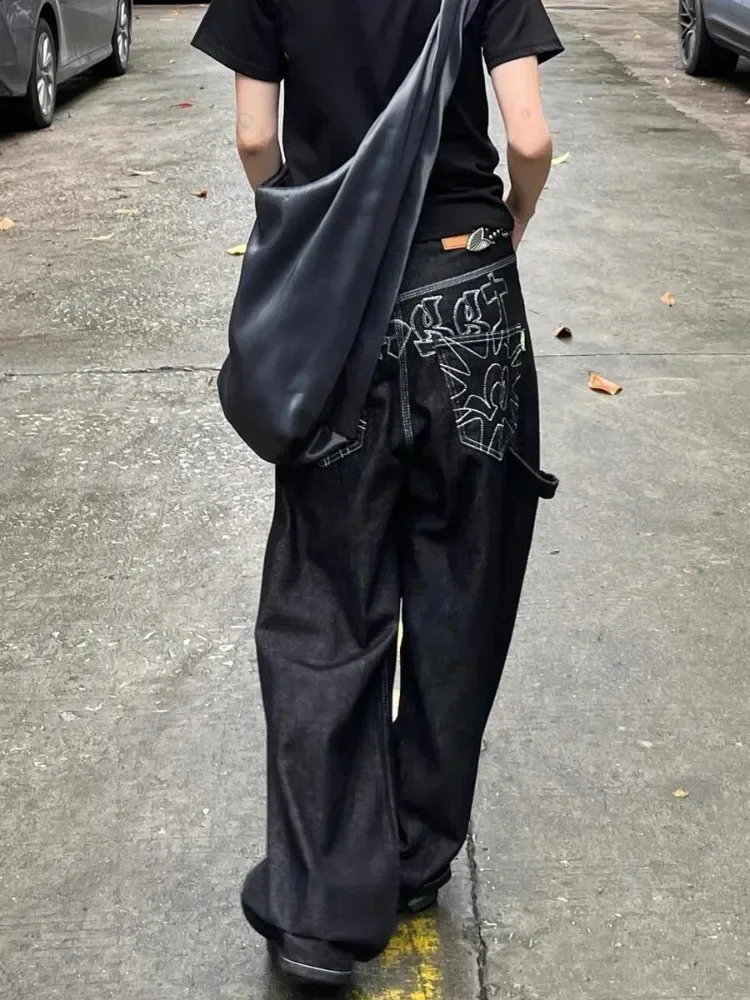 Retro ed Black jeans Y2k Womens Super Street Baggy Loose Jeans Mens Hip Hop Gothic Classic Style Women pants 250206
