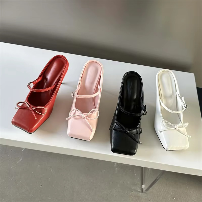 Eilyken New Design Bowknot Square Toe Women Pumps Sexy Buckle Strap Thin High Heels Banquet Prom Mule Slippers Shoes 250221