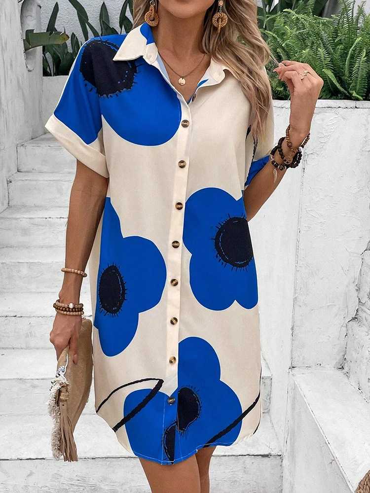New Fashion Everyday Casual Ladies Short-sved Lapel Print Dress City Trend Single-breasted Dress 3D Printed Art DressXJ2500207