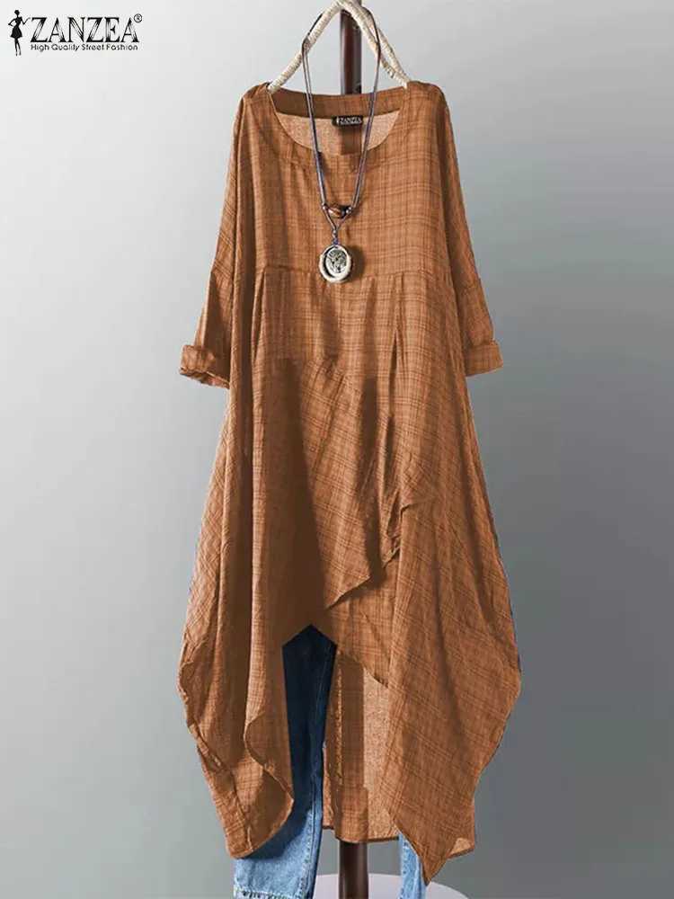 ZANZEA Vintage Midi Dress Women Fe Long Sve Plaid Vestidos Sundress Casual Robe Fe Clothing Summer Maxi Dresses 2023XJ2500207