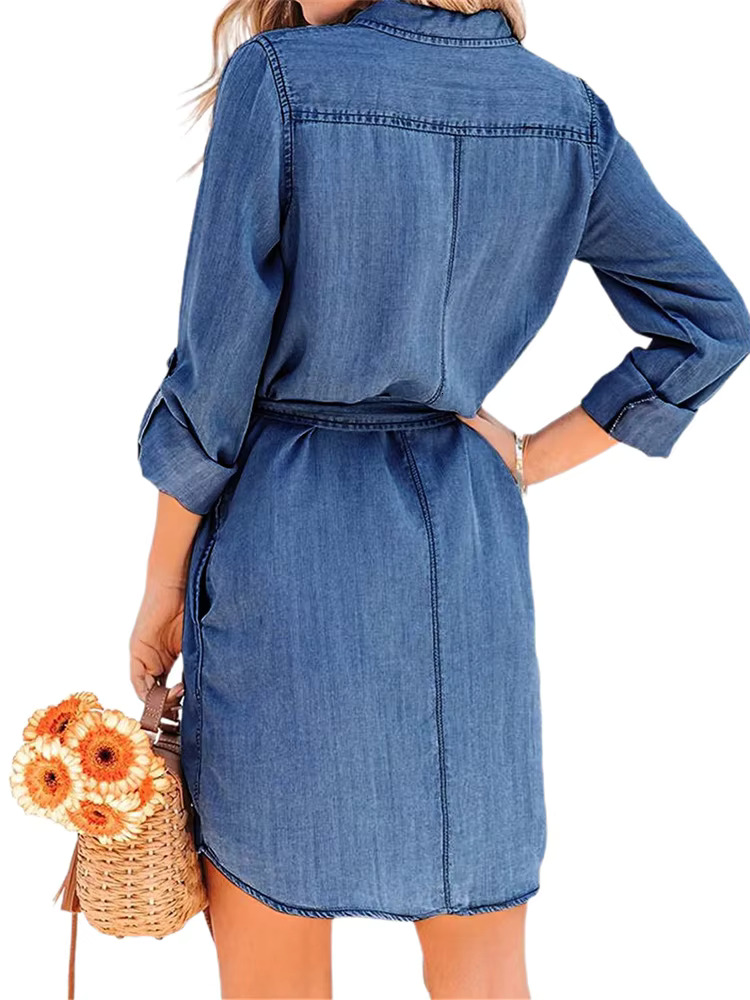 Women Autumn Denim Shirt Solid Color Long Sleeve Button-Down Lapel Short Dress With Belt