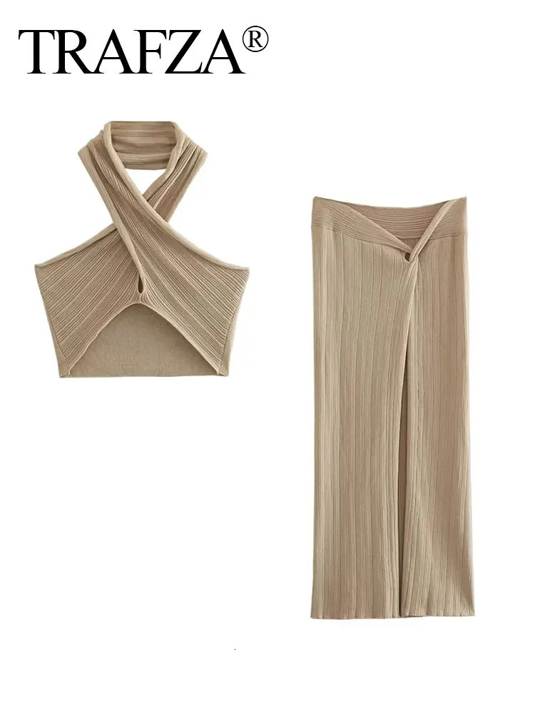 TRAFZA Retro Slit Knotted Knit Skirt Womens Slim Skirt Set Fashion Metallic Color Cross Womens Short Vest Top 2-Piece Set 250206