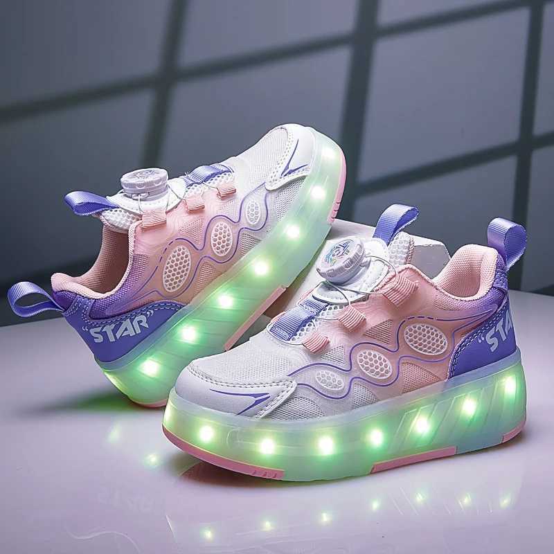 Childrens roller skating shoes are collision resistant durable walking shoes LED lights USB charging four-wheel childrens skating shoes W250207