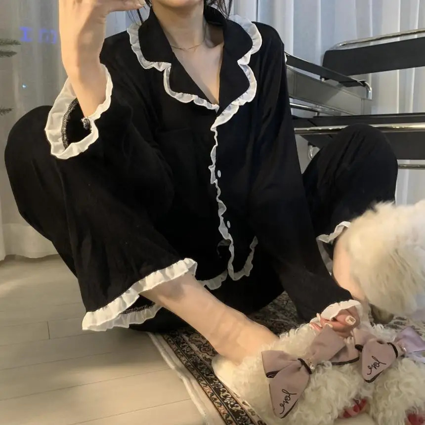 Korean Style Cute Pajama Woman Winter Autumn Sleepwear Lady Long Sleeve Tops Pants 2Piece Pyjamas Solid Lingeries Sets Nightwear 250207
