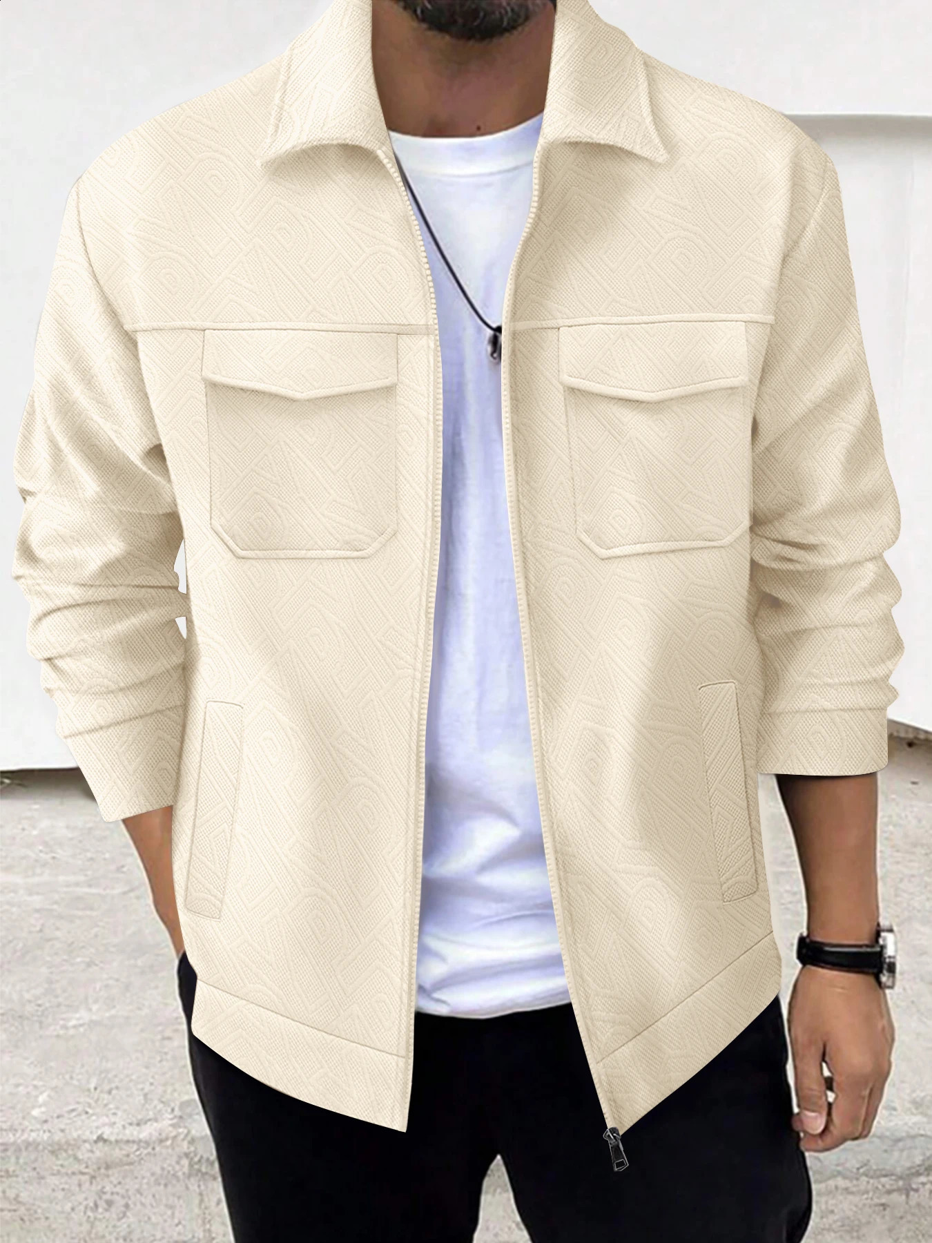 Autumn and winter mens business casual jacket trend fashion solid color lapel pocket zipper thick long-sleeved top 250206