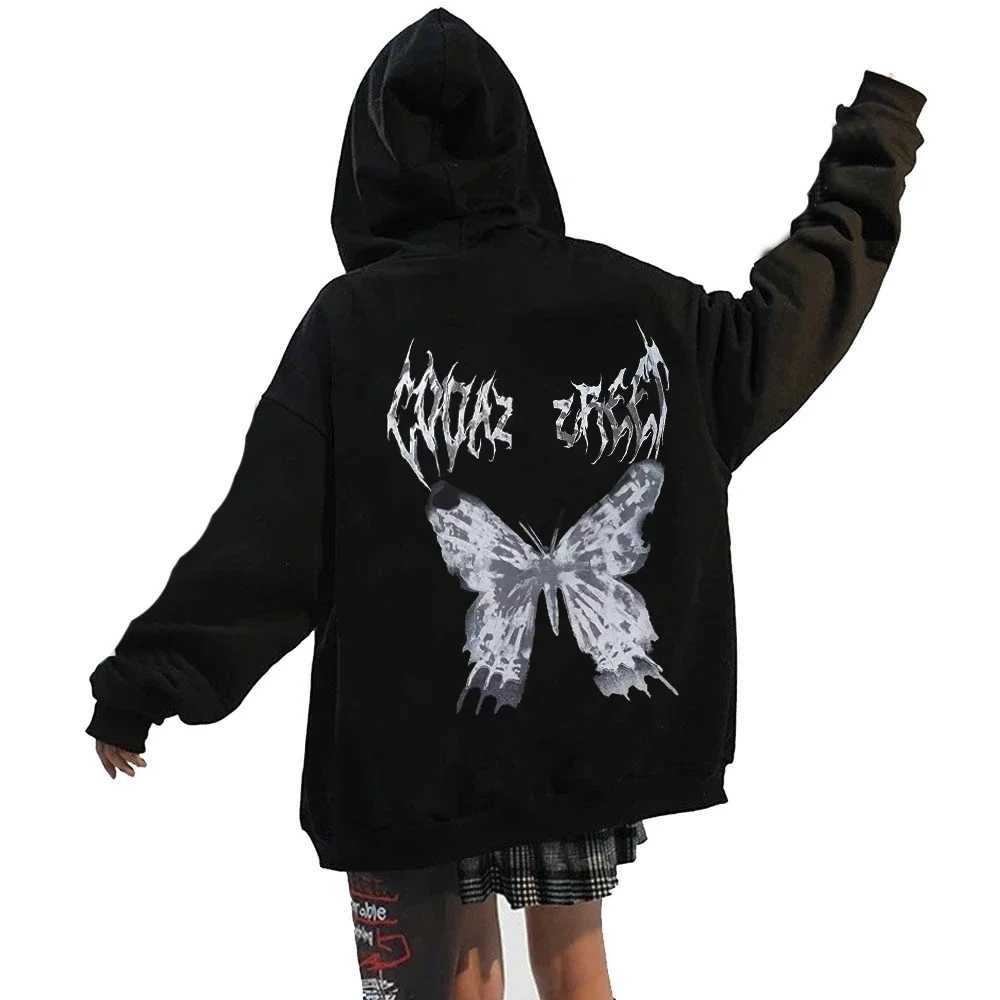 Womens Vintage Butterfly Print Hoodies Autumn Winter Zip Up Long Sleeve Pocket Loose Sweatshirt Y2K Female Gothic Streetwear W250207