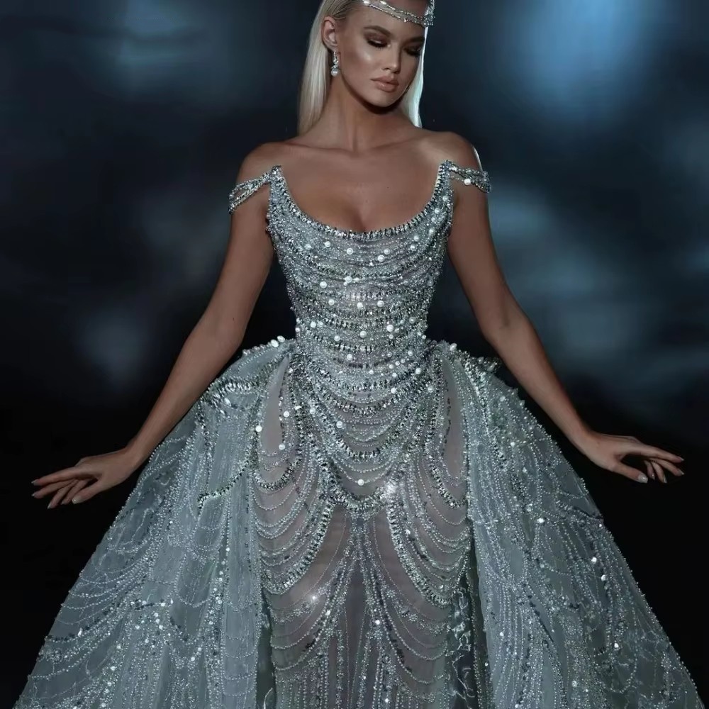 Mermaid Wedding Dress Off Shoulder Sleeveless Bridal Gown Sequins Beaded Detachable Train Custom Made 2024
