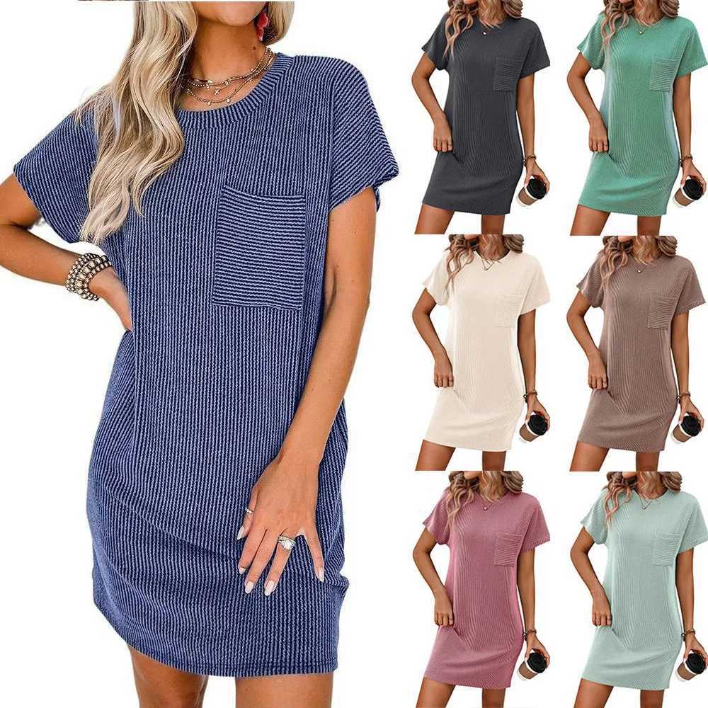 Womens Summer Dress 2024 New Casual Color Blocking Twisted Short Sve Pocket Dress Womens Beach Dress Straight DressXJ2500207