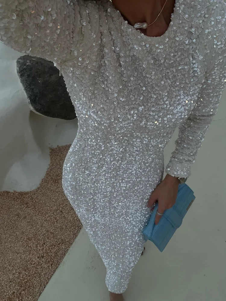 Elegant Sequined Solid Women Dresses Full Sleeve O Neck Lady Maxi Dress Fashion Sexy Party Evening Straight Female Vestidos 250208