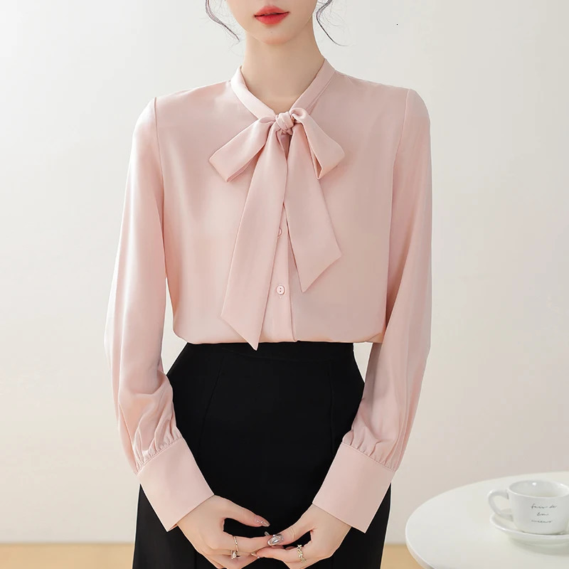 2025 Spring Autumn Satin Womens Bow Blouse Blue Long Sleeve Turndown Collar Casual Elegant Korean Office Lady Shirt Female 250121