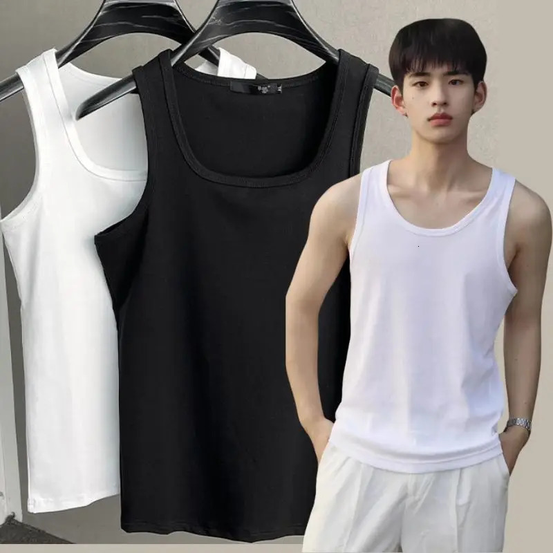 100 Cotton Mens Sleeveless Tank Top Solid Muscle Vest Undershirts Square Neck Gymclothing Tees Whorl Tops Bodybuilding 250207