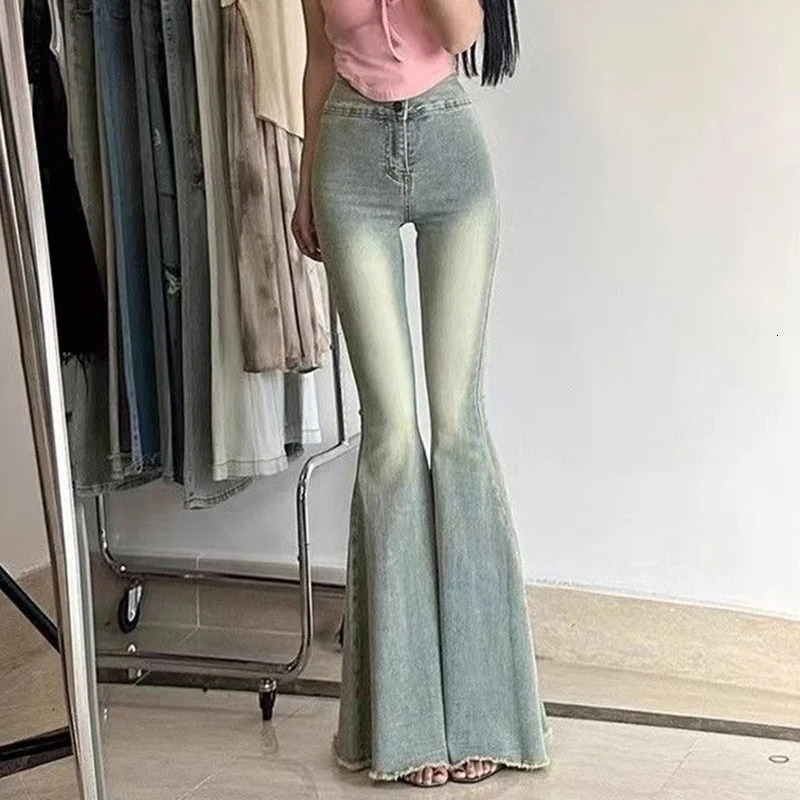 Woman High Waist Streetwear Slim Jeans Female Y2k Clothes Bell Bottom Pants Girls Gothic Black Blue Denim Trousers 250206