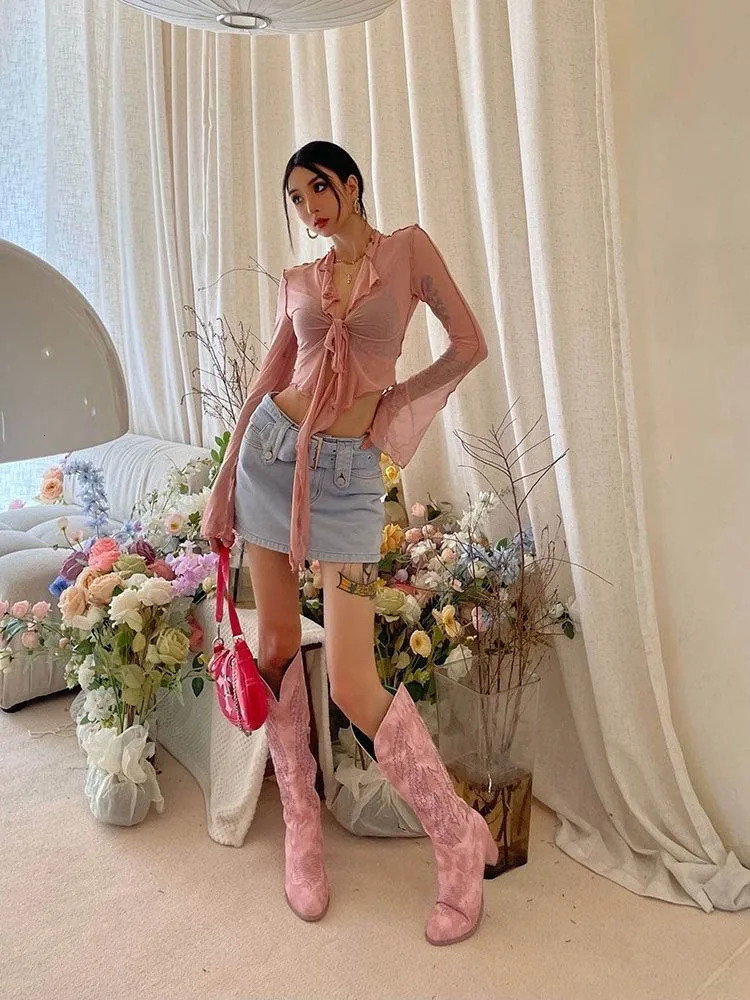 Long Flare Sleeve Blouses for Women Laceup Mesh Sexy Sweet Girls Korean Fashion Style Allmatch Solid n Elegant Casual 250208Z