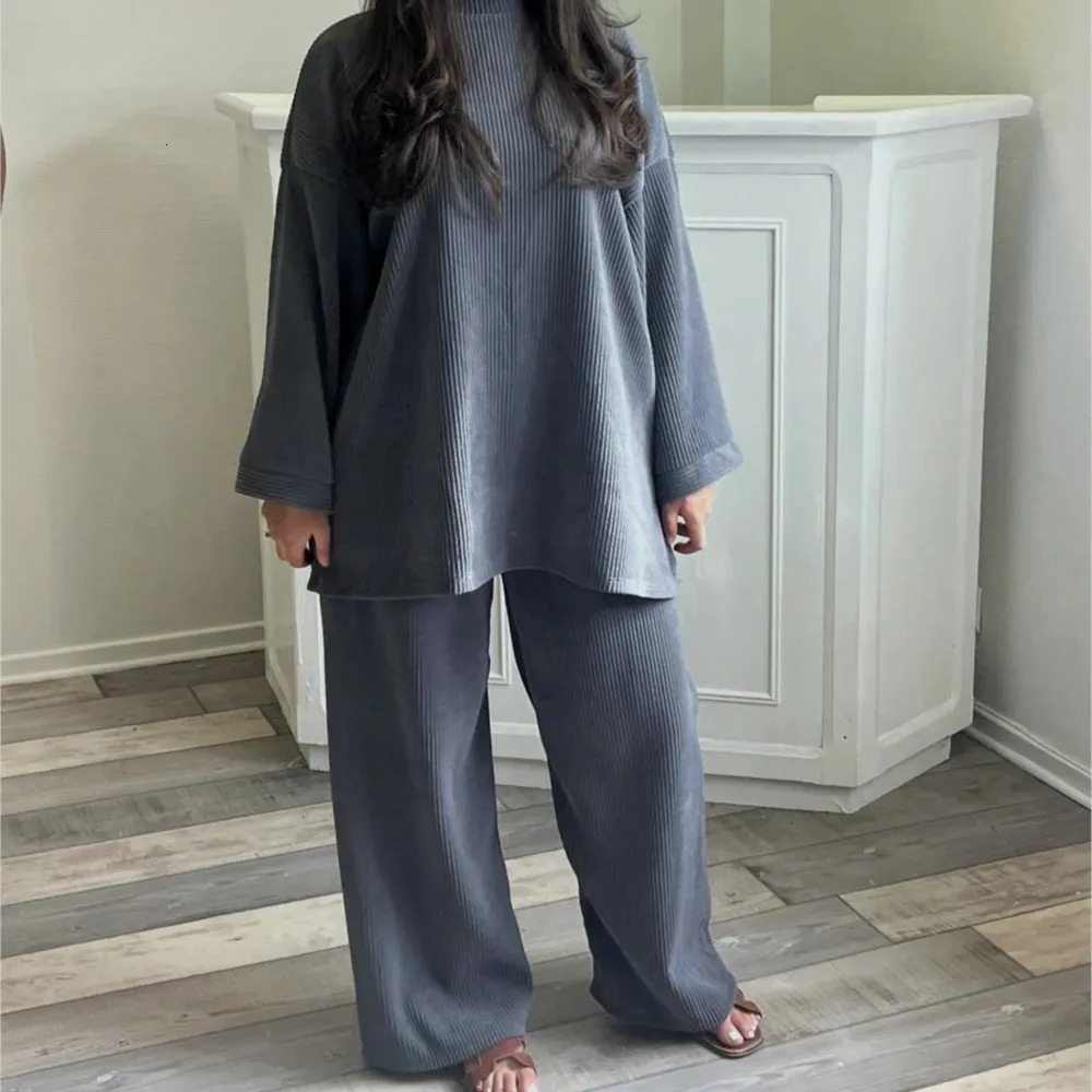 Spring Autumn Solid Color Corduroy Pants Sets Women Loose Long Sleeve Wide Legs Trousers Two Piece Set Female Commuting Clothing 250207