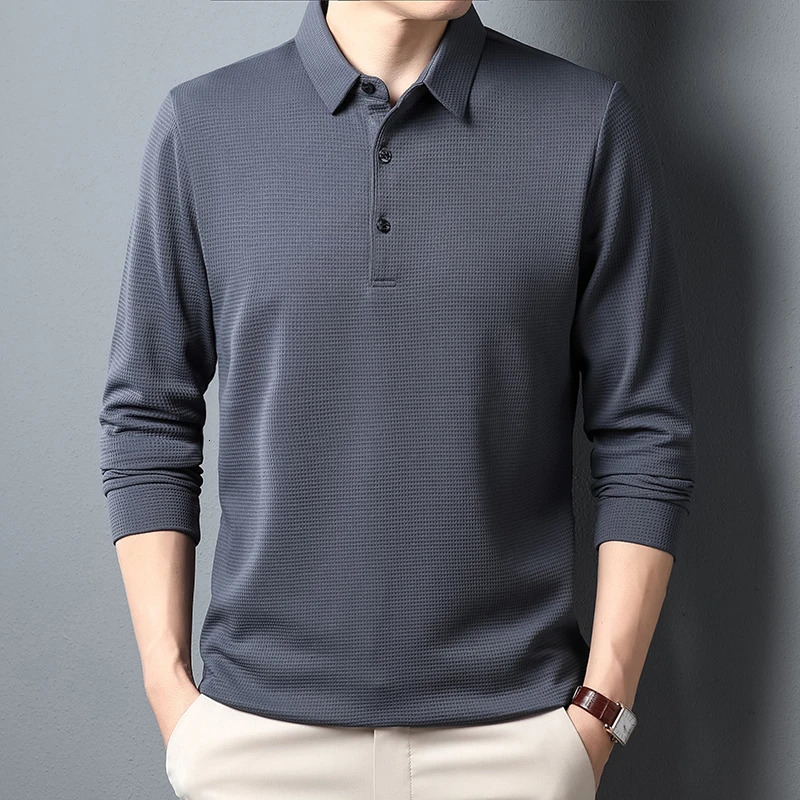 Mens Business Casual Polo Long Sleeve T-shirt Summer Comfortable Top 250207