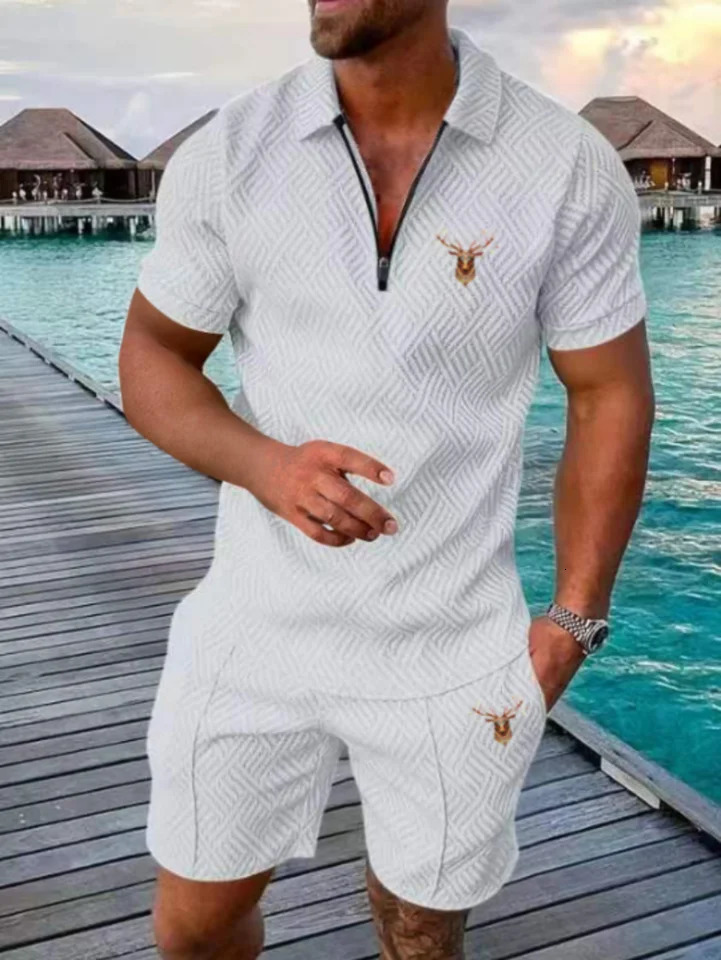 2025 Spring and Summer Fashion Mens Shortsleeved Lapel Suit Casual Deer Head Print Twopiece Daily Wear POLO 250207