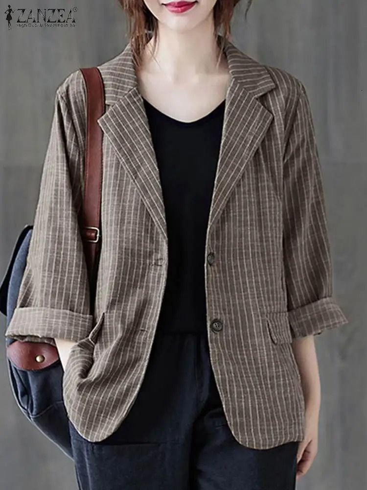 ZANZEA Fashion Stripe Printed Blazer Womens Long Sleeve Lapel Neck Jackets Autumn Casual Street Outwear Vintage OL Suits 250207