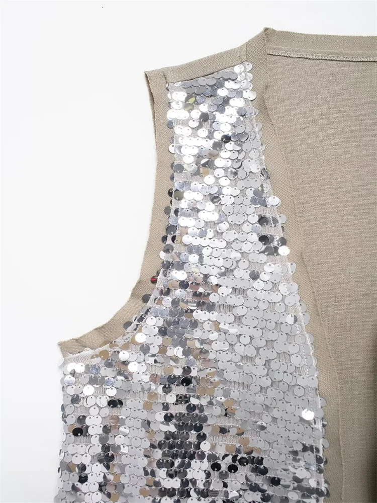 Zevity Women Euro V Neck Sequined n Patchwork Vest Jacket Lady Sleeveless Open Stitching Casual Retro WaistCoat Tops CT6229 250207