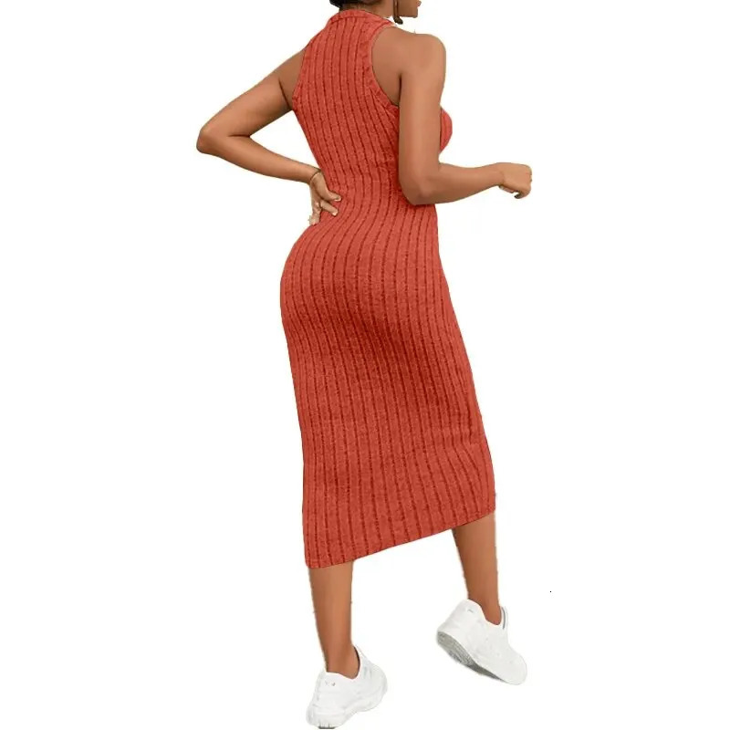Solid Halter Neck Bodycon Dress Dodycon Fashion Ribbed Midi Sleeveless Knit Tank 250207