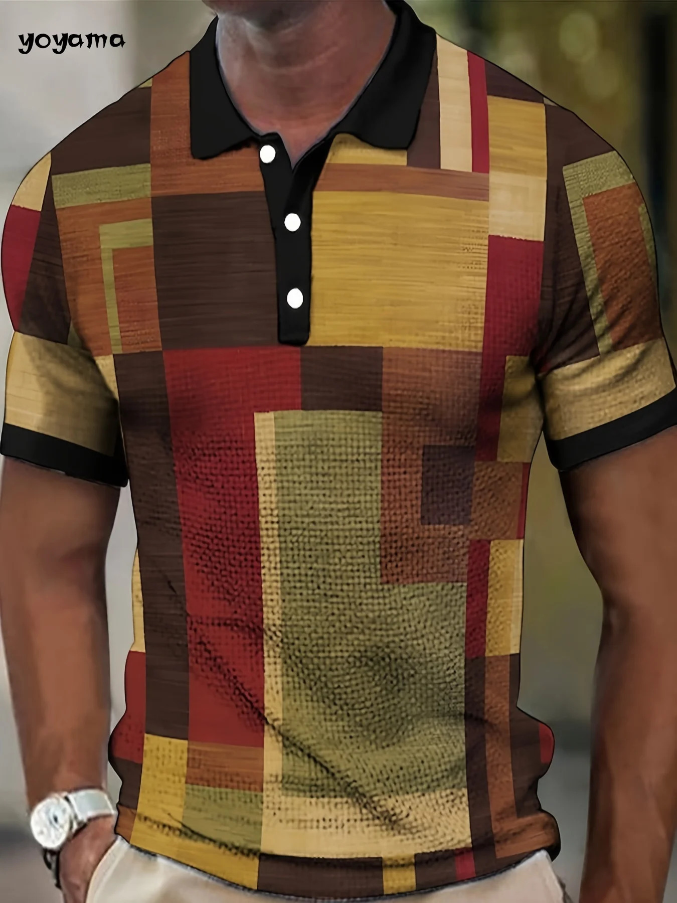 Mens Casual ShortSleeved Polo Shirt Retro Style Plaid Printed Blouse Lapel Button down Summer Versatile Clothing 250207