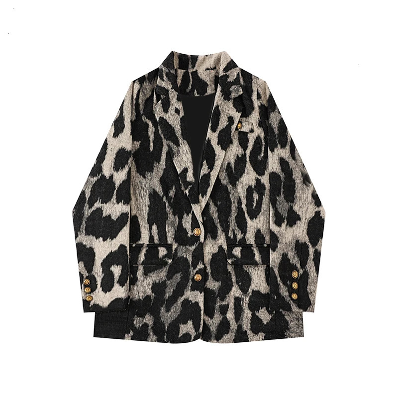 Leopard Print Coat Women Autumn Winter Korean Style Niche Loose Suit Jacket Casual Vintage Temperament Blazer 250207