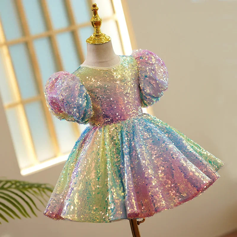 Sequin Ombre Girl Dress Pastel Sparkles Shimmers Puffy Sleeves Sequin Dress Girls Birthday Party Clothes 250114