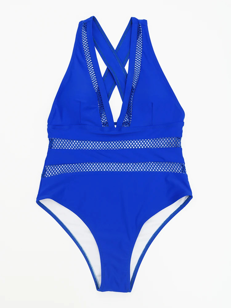 Sexy Mesh Patchwork Swimwear Women One Piece Swimsuit Female Deep V-neck Bathing Suit Beach Wear Push Up Monokini Swim 250206