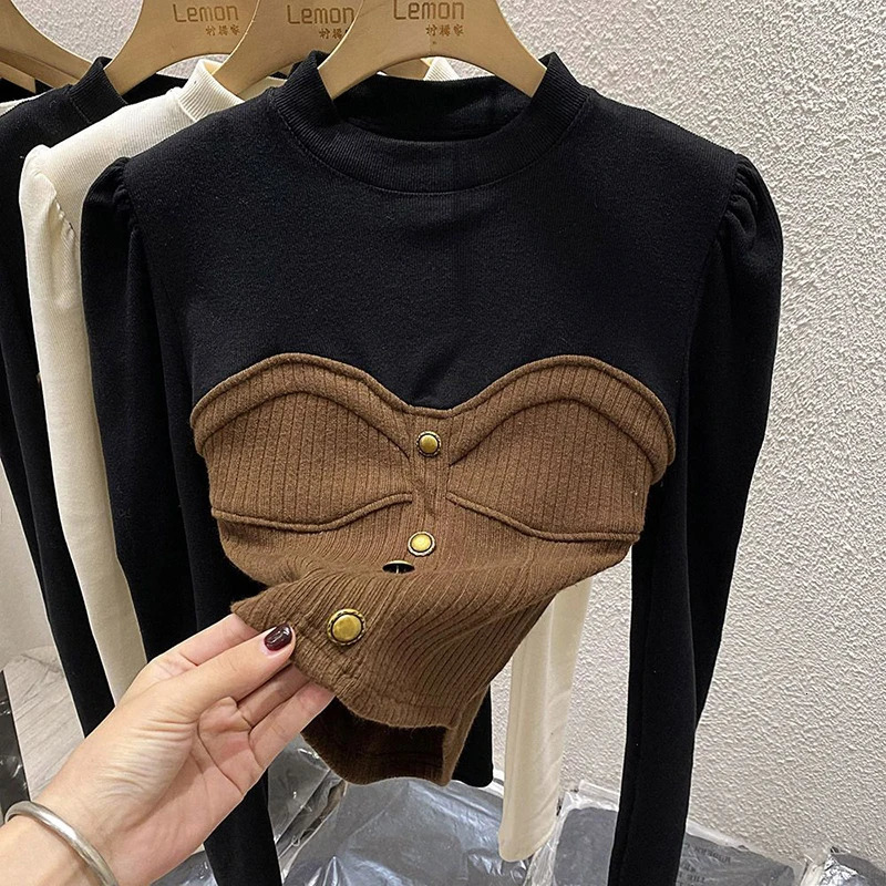 Elegant Patchwork T Shirt Streetwear Long Sleeve Crop Tops Fall Winter Korean Fashion Chic Buttons Slim All Match Tees 250114Z